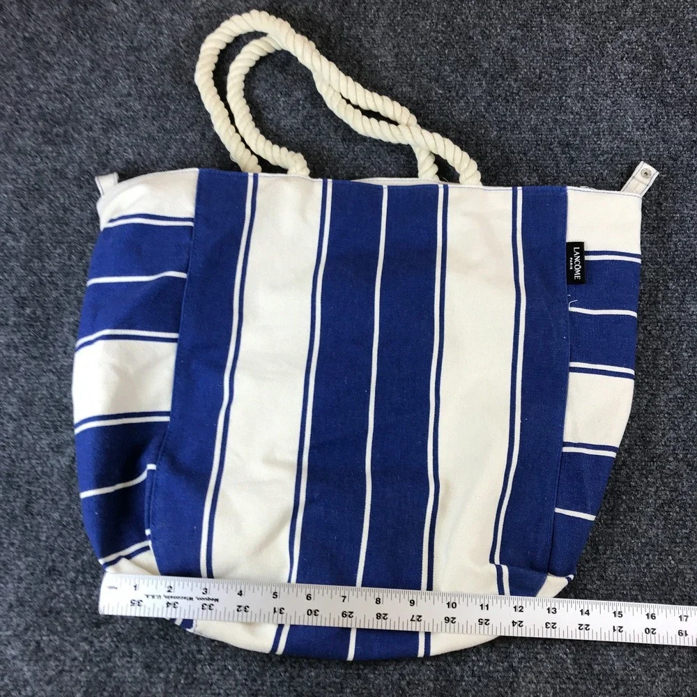 Lancôme Paris Tote Bag White Blue Striped Canvas Rope Double Handle Shopping Bag